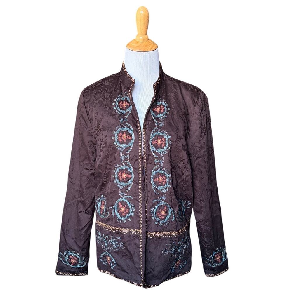 Coldwater Creek Brown Venice Embroidered 100% Cotton Open Blazer Jacket Sz L